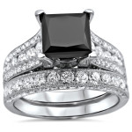 White Gold 4 2/5ct Black Princess-cut Diamond Engagement Bridal Ring Set - Handcrafted By Name My Rings™
