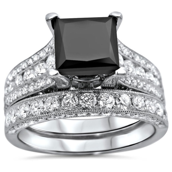 White Gold 4 2/5ct Black Princess-cut Diamond Engagement Bridal Ring Set - Handcrafted By Name My Rings™