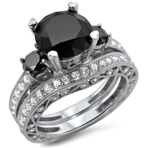 White Gold 4 2/5ct TDW Black and White 3-stone Diamond Bridal Ring Set - Handcrafted By Name My Rings™