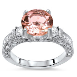 2 1/10 TGW Round Morganite Diamond 3 Stone Engagement Ring White Gold - Handcrafted By Name My Rings™