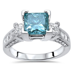 2 1/2 Blue Princess Cut Diamond Engagement White Gold - Handcrafted By Name My Rings™