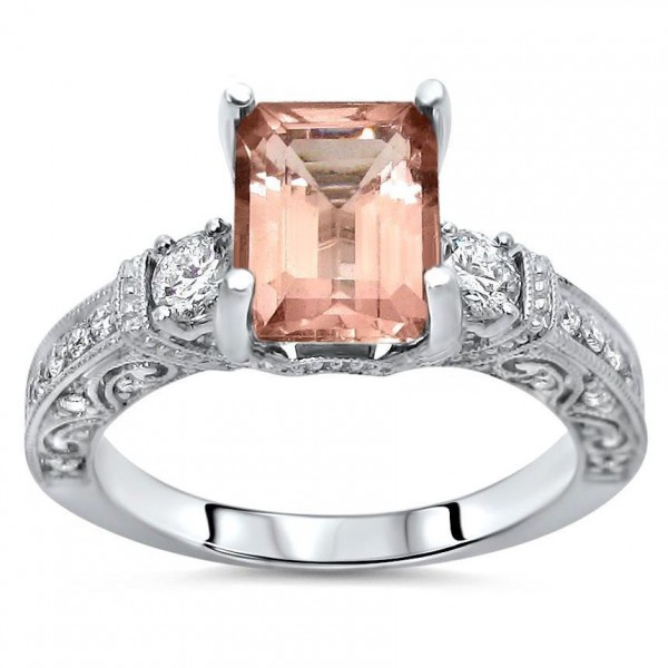 2 1/2 TGW Emerald Morganite Diamond 3 Stone Engagement Ring White Gold - Handcrafted By Name My Rings™
