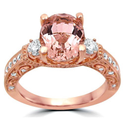 2 1/6 TGW Oval Morganite 3 Stone Diamond Engagement Ring Rose Gold - Handcrafted By Name My Rings™