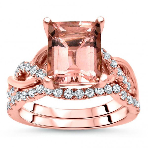 2 2/5 TGW Emerald Morganite Diamond Engagement Ring Set Rose Gold - Handcrafted By Name My Rings™