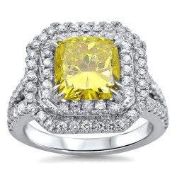 2 3/4 Canary Yellow Cushion Cut Diamond Engagement Ring White Gold - Handcrafted By Name My Rings™