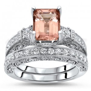 2 4/5 TGW Emerald Morganite Diamond 3 Stone Engagement Ring Set White Gold - Handcrafted By Name My Rings™