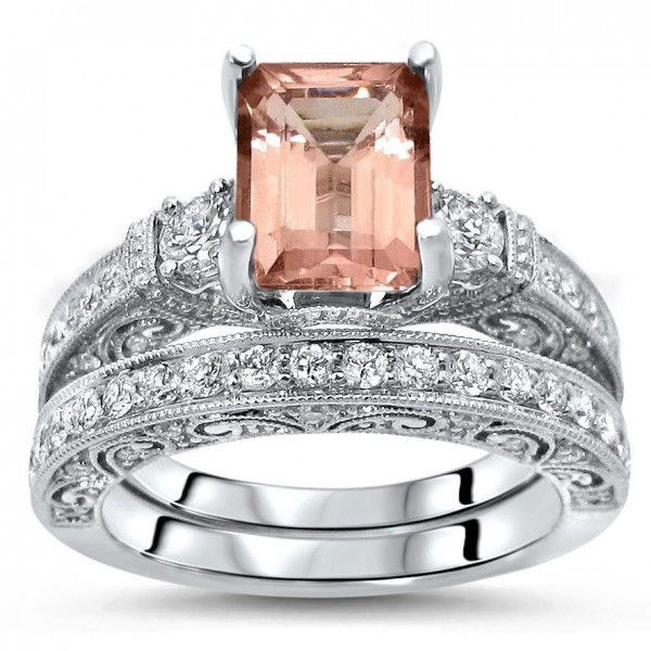 2 4/5 TGW Emerald Morganite Diamond 3 Stone Engagement Ring Set White Gold - Handcrafted By Name My Rings™