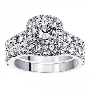 Platinum 3 1/3ct TDW Diamond Halo Bridal Ring Set - Handcrafted By Name My Rings™