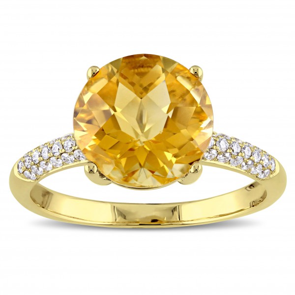 Round Checkered Citrine and 1/5ct TDW Diamond Engagement Ring in Gold by The Signature Collection - Handcrafted By Name My Rings™