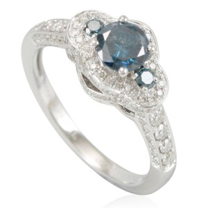 White Gold & Blue Diamond 3-Stone Pave Halo Bridal Engagement Ring - Handcrafted By Name My Rings™