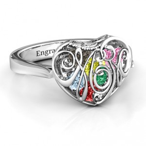 Personalised Cursive Mom Caged Hearts Ring with Ski Tip Band - Handcrafted By Name My Rings™
