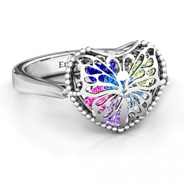 Personalised Butterfly Caged Hearts Ring with Ski Tip Band - Handcrafted By Name My Rings™