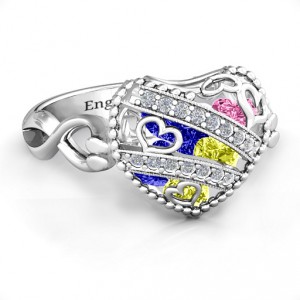 Personalised Sparkling Diamond Hearts Caged Hearts Ring with Infinity Band - Handcrafted By Name My Rings™