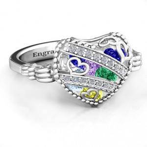 Personalised Sparkling Diamond Hearts Caged Hearts Ring with Butterfly Wings Band - Handcrafted By Name My Rings™