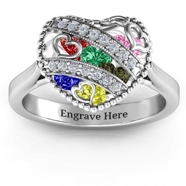 Personalised Sparkling Hearts Caged Hearts Ring with Ski Tip Band - Handcrafted By Name My Rings™