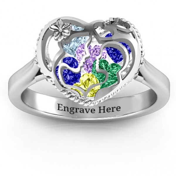 Personalised Mother and Child Caged Hearts Ring with Ski Tip Band - Handcrafted By Name My Rings™