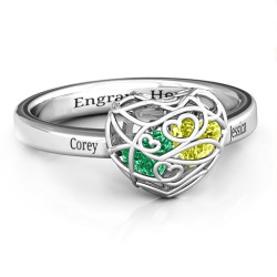 Personalised Encased in Love Petite Caged Hearts Ring with Classic with Engravings Band - Handcrafted By Name My Rings™