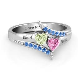Personalised Diagonal Dream Ring With Heart Stones - Handcrafted By Name My Rings™