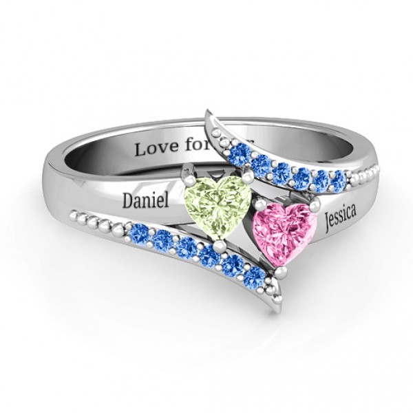 Personalised Diagonal Dream Ring With Heart Stones - Handcrafted By Name My Rings™
