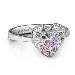 Personalised Diamond Heart Cage Ring With Encased Heart Stones - Handcrafted By Name My Rings™
