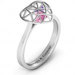 Personalised Diamond Heart Cage Ring With Encased Heart Stones - Handcrafted By Name My Rings™