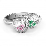 Personalised Double Heart Cage Ring with 16 Heart Shaped Birthstones - Handcrafted By Name My Rings™
