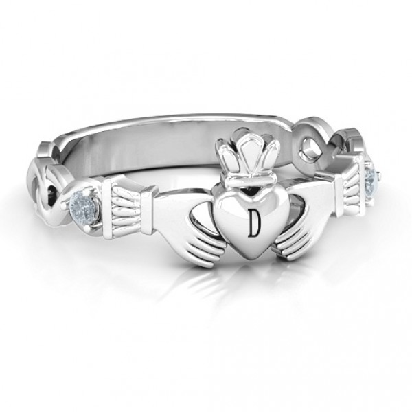 Personalised Infinity Claddagh With Side Stones Ring - Handcrafted By Name My Rings™