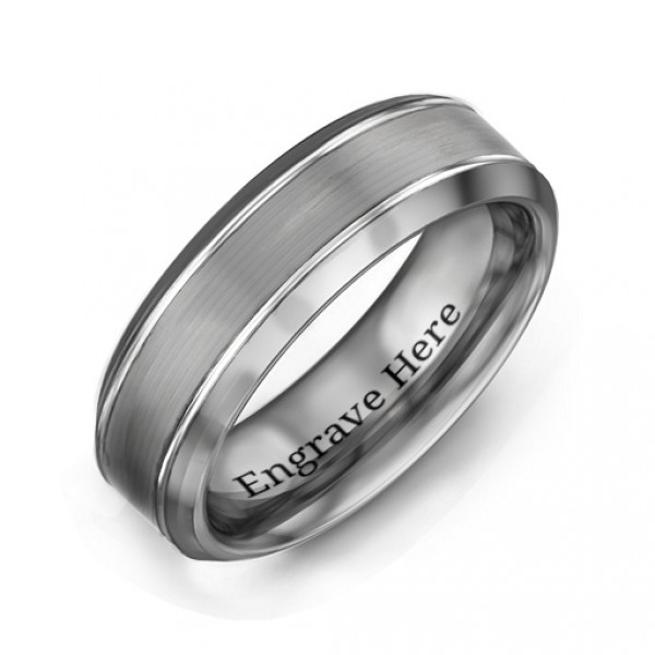 Personalised Men's Beveled Edge Brushed Centre Tungsten Ring - Handcrafted By Name My Rings™