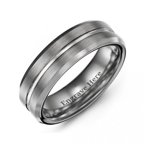 Personalised Men's Brushed Grooved Centre Beveled Tungsten Ring - Handcrafted By Name My Rings™