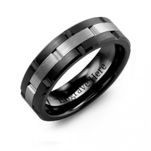 Personalised Men's Ceramic & Tungsten Grooved Brushed Ring - Handcrafted By Name My Rings™