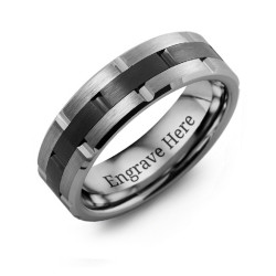 Personalised Men's Tungsten & Ceramic Grooved Brushed Ring - Handcrafted By Name My Rings™