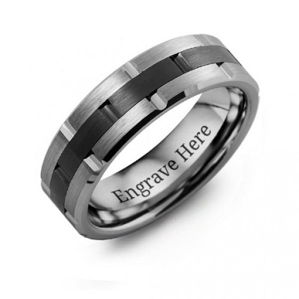 Personalised Men's Tungsten & Ceramic Grooved Brushed Ring - Handcrafted By Name My Rings™