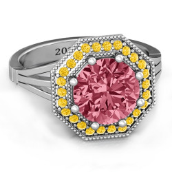 Personalised Round Stone and Octagon Halo Ring - Handcrafted By Name My Rings™