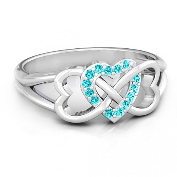Personalised Triple Heart Infinity Ring with Mint Swarovski Zirconia Stones - Handcrafted By Name My Rings™
