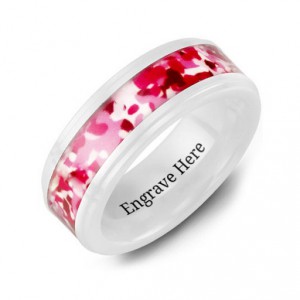 Personalised White Ceramic Ring with Colorful Camouflage Centrepiece - Handcrafted By Name My Rings™