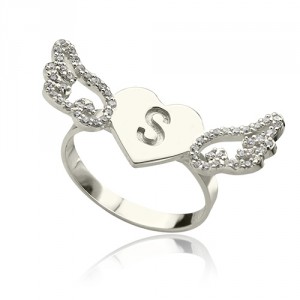 Personalised Heart Angel Wings Ring Engraved Initial Birthstone - Handcrafted By Name My Rings™