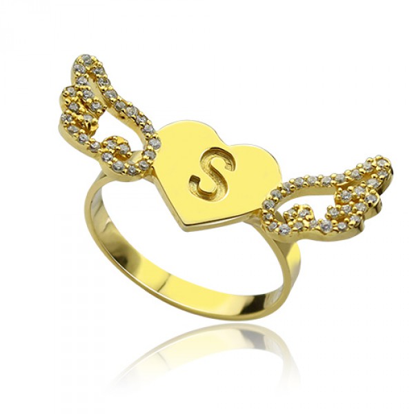 Personalised Angel Wings Heart Ring with Birthstone Initial - Handcrafted By Name My Rings™